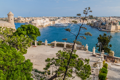 View over Grand Harbour from Herbert Ganado Gardens in Valletta, Malta