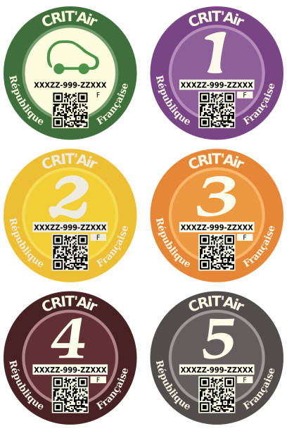 Collection of Crit'air labels from the French Republic (république française) defining the pollution produced by a vehicle Collection of different crit'air stickers affixed to the windshield of a vehicle defining the pollution of the vehicle. zero emission vehicle stock illustrations
