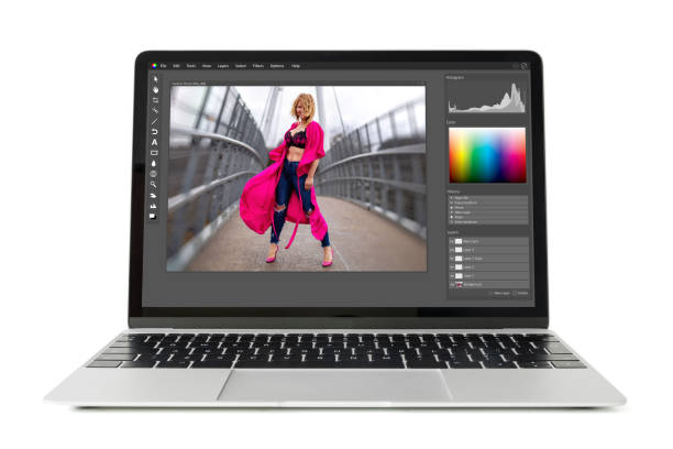 Powerful laptop computer isolated on white background. Sample graphic editor's interface is completely made up. Laptop computer isolated on white background. Sample graphic editor's interface is completely made up. photo editing screen stock pictures, royalty-free photos & images