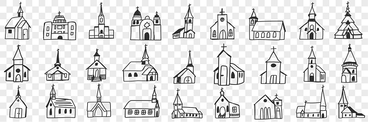 Church facades with towers doodle set. Collection of hand drawn various facades of religious churches buildings isolated on transparent background