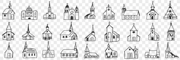 Vector illustration of Church facades with towers doodle set