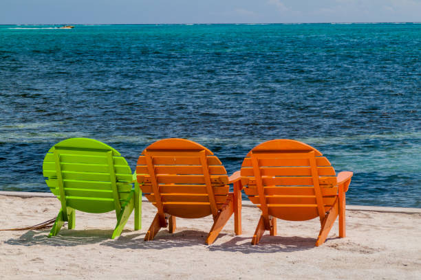 istock Deckchairs at a beach at Caye Caulker island, Beli 1311439239