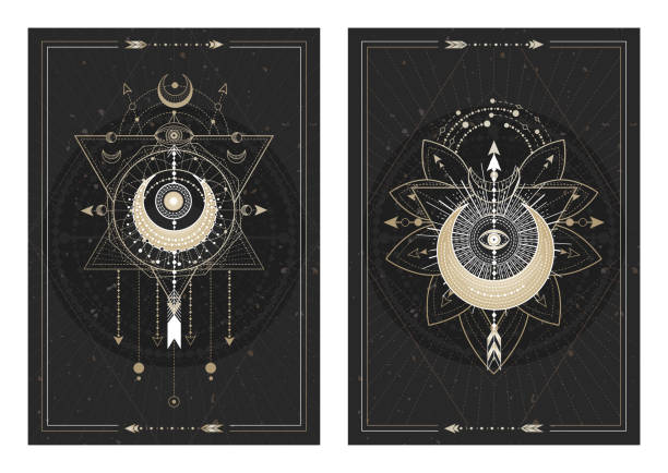 Vector dark illustrations with sacred geometry symbols, grunge textures and frames. Vector dark illustrations with sacred geometry symbols, grunge textures and frames. Images in black, white and gold. dirty lily stock illustrations