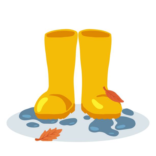 gelbe gummi-regenstiefel - galoshes stock-grafiken, -clipart, -cartoons und -symbole