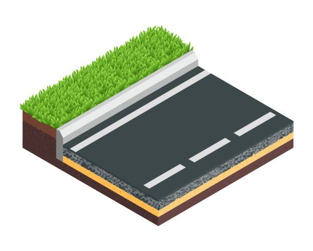 vektor-illustration typische asphalt straßenstruktur isoliert auf weißem hintergrund. realistische querschnitt straßenstruktur diagramm in flachen cartoon-stil. isometrisches schema der asphaltpflastertechnik. - stone asphalt road dirty stock-grafiken, -clipart, -cartoons und -symbole