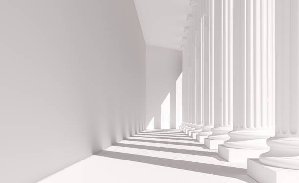 White columns in a row: neoclassical architecture Classical white columns in a row casting shadows on a wall. Abstract architecture resembling a government building dedicated to law, justice and education. Digital image. classical greek photos stock pictures, royalty-free photos & images