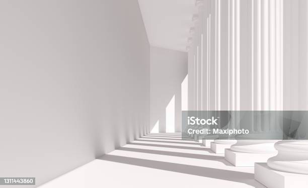 White Columns In A Row Neoclassical Architecture Stock Photo - Download Image Now - Law, Architectural Column, Abstract