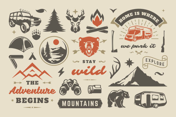 여름 캠핑 및 야외 모험 디자인 요소 세트, 따옴표 및 아이콘 벡터 일러스트 - camping stock illustrations