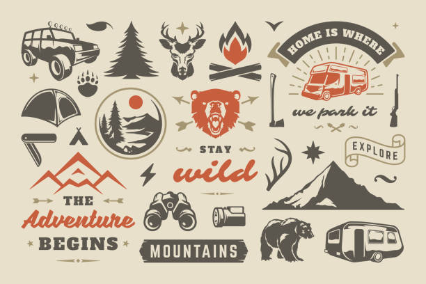 Summer camping and outdoor adventures design elements set, quotes and icons vector illustration. Mountains, wild animals and other. Good for t-shirts, mugs, greeting cards, photo overlays and posters