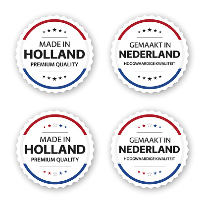 Set of four Dutch labels. Made in Holland In Dutch Gemaakt in Nederland. Premium quality stickers and symbols with stars. Simple vector illustration isolated on white background