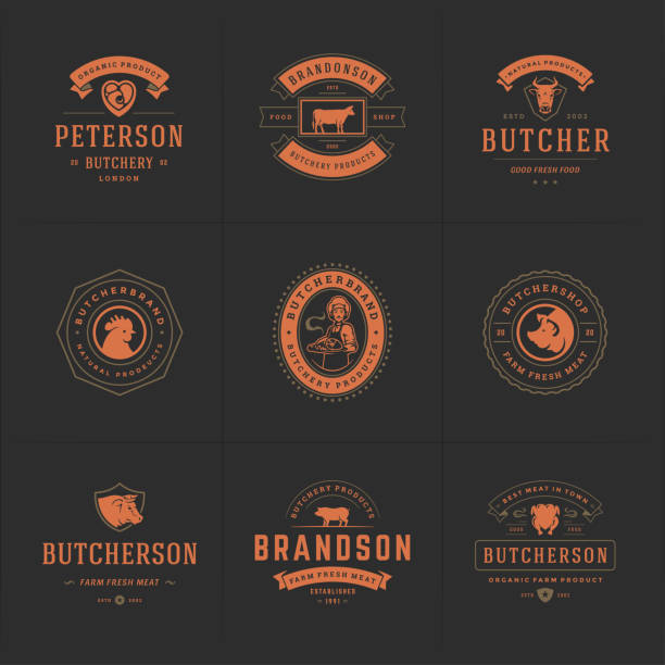 ilustrações de stock, clip art, desenhos animados e ícones de butcher shop logos set vector illustration good for farm or restaurant badges with animals and meat silhouettes - butchers shop meat store farm