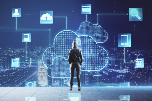 istock Cloud storage concept with person back in front of virtual screen with cloud application symbols on night megapolis city background 1311449398
