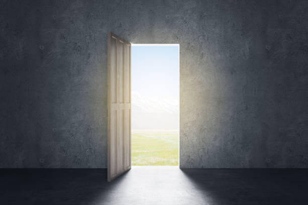 istock Next level concept with dark empty room, opened door in wall and sunny mountain view behind the door 1311449423