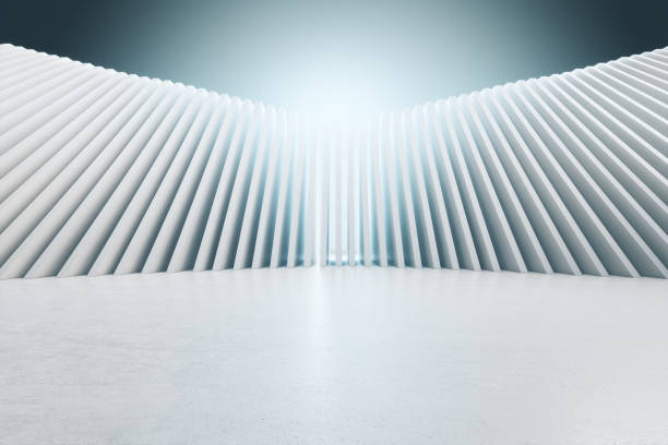 istock Stylish abstract design with domino effect white wall and blank light glossy wall. 3D rendering, mockup 1311450239