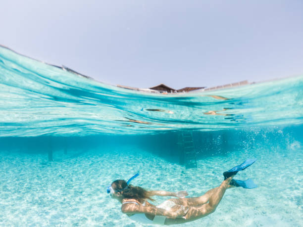 Woman dives in tropical sea, split screen underwater shot, overwater villas on background She explores the reef around the atoll in the Maldives, people on vacations, she adventures underwater vacation rental mask stock pictures, royalty-free photos & images