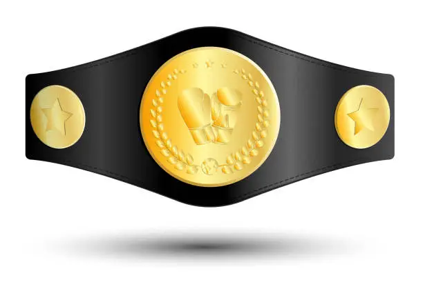 Vector illustration of golden sport belt of boxing champion, kickboxing tournament winner with gloves and laurel wreath emblem in center. Realistic vector