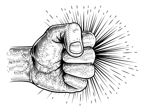 A hand in a clench fist punching in a vintage retro propaganda woodcut style