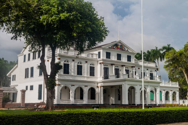 PARAMARIBO, SURINAME - AUGUST 5, 2015: Presidential palace in Paramaribo, capital of Suriname. stock photo