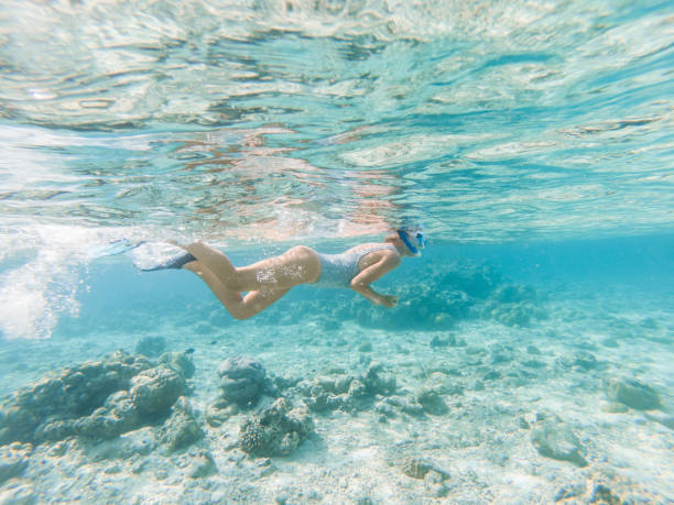 istock Woman snorkels in tropical lagoon, underwater view 1311453314