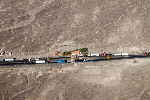 Aerial view of a toll station on Panamericana highway near Nazca, Peru