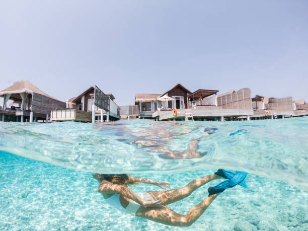 Woman dives in tropical sea, split screen underwater shot, overwater villas on background She explores the reef around the atoll in the Maldives, people on vacations, she adventures underwater vacation rental mask stock pictures, royalty-free photos & images