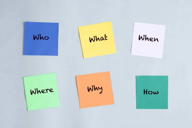 who, what, when, where, how ,why stickers over gray background