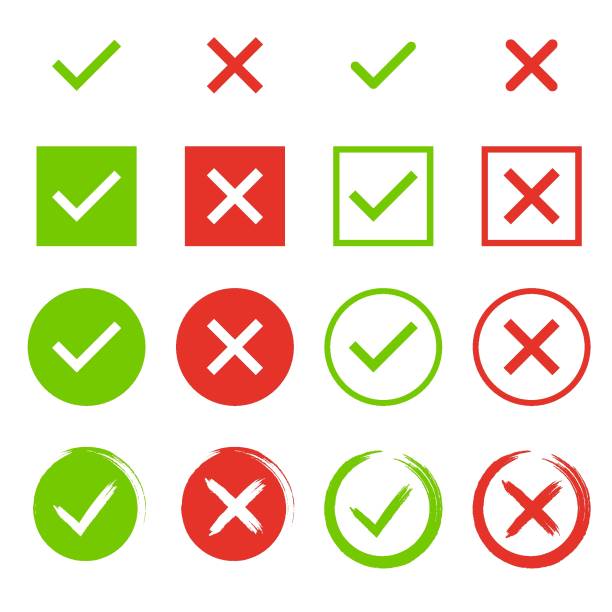 ilustrações de stock, clip art, desenhos animados e ícones de set of chek marks. green tick and red cross. yes or no accept and decline symbol. buttons for vote, election choice. empty, square frame, circle and brush. check mark ok and x icons. - box medicine container square shape