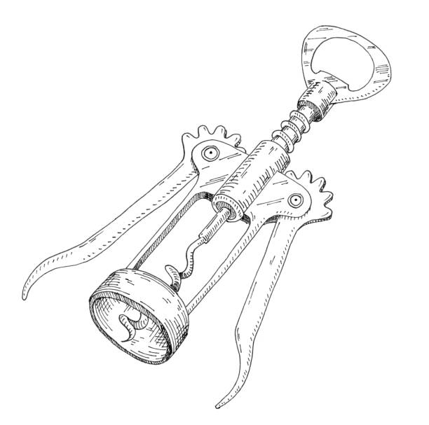 Wing metal corkscrew for wine bottle. Vintage hatching gray monochrome illustration. Wing metal corkscrew for wine bottle. Vintage hatching gray monochrome illustration. Isolated on white background. Hand drawn design cork puller stock illustrations