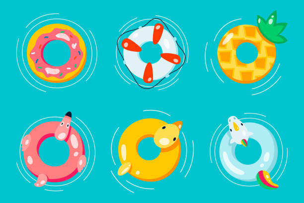 резиновый или надувной вектор кольца установлен изолированным от фона. красочные иконы плавают кольцо в плоском стиле. символы отпуск или � - water toy stock illustrations