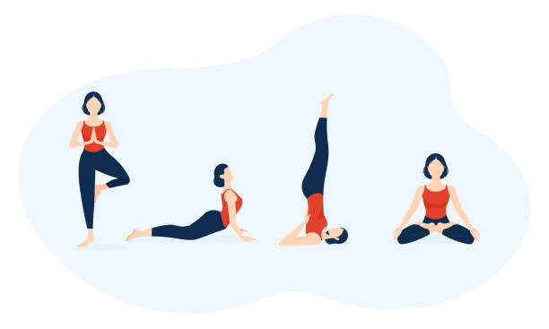 4 different types of yoga poses or exercises. wellness and yoga concept. vector art illustration