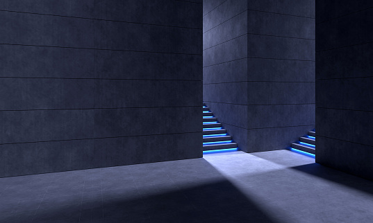 Dark corridors with illuminated staircases going up to warm sunlight. The way forward, achievement, escape. Digital image.