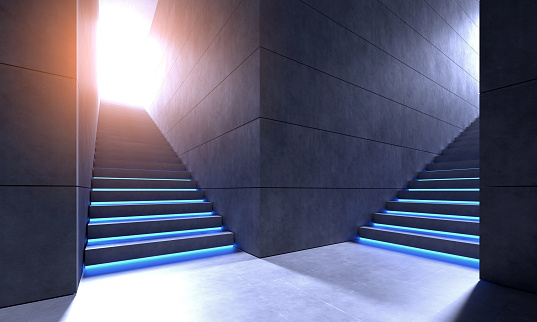 Underground dark corridors with two staircases illuminated by blue neon lights. Steps going up to glowing sunlight. The way forward, achievement, escape. Digital image.