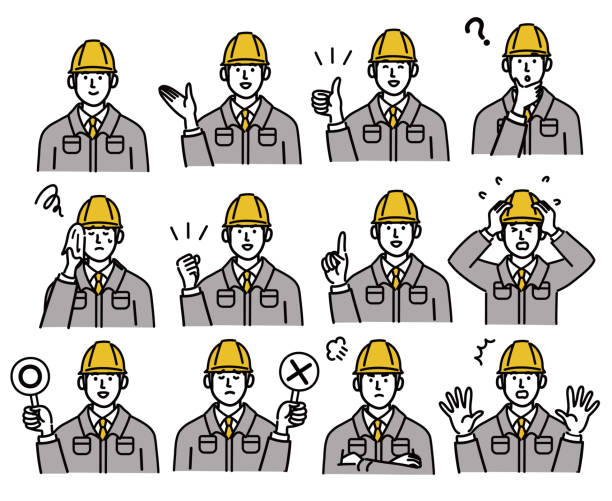 男子現場工人手勢集流行 - 工作安全頭盔 插圖 幅插畫檔、美工圖案、卡通及圖標