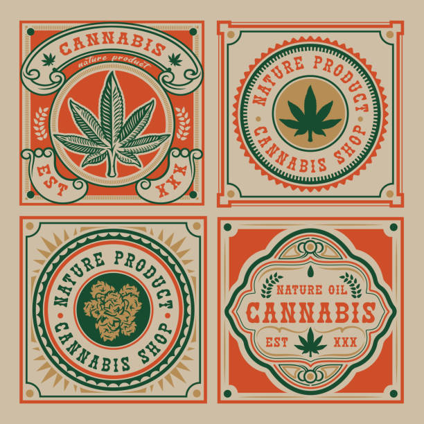 ilustraciones, imágenes clip art, dibujos animados e iconos de stock de conjunto de emblema vectorial de la hoja de cannabis - etiqueta ilustraciones