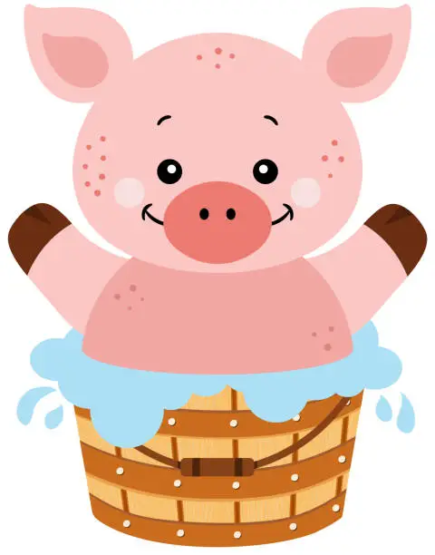 Vector illustration of Happy pig in a wooden bathtub