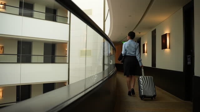 Elegant businesswoman walking along hotel balcony