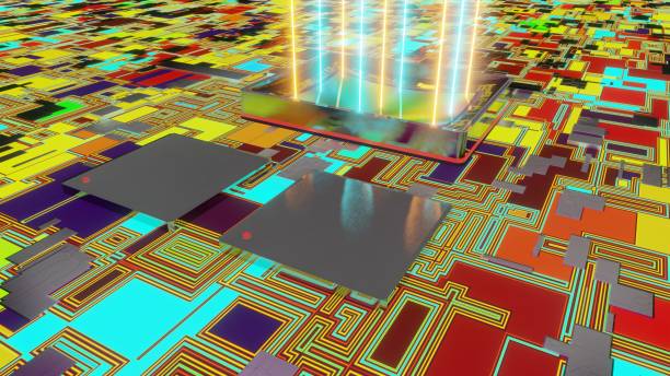 istock Sensor for digital camera with rays of light, 3D rendering macro on motherboard with two processors 1311468371