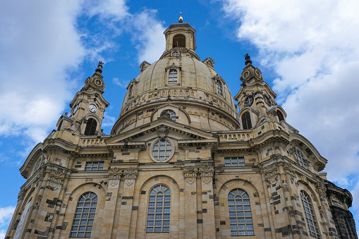 Dresden, Germany - March 27 2021: The Frauenkirche on the Neumarkt in the centre of Dresden. It is a famous landmark in the city.