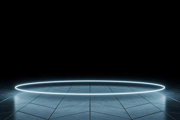 istock Modern empty abstract background illuminated by white neon circle light / ultra sound wave, 80's retro style 1311472566