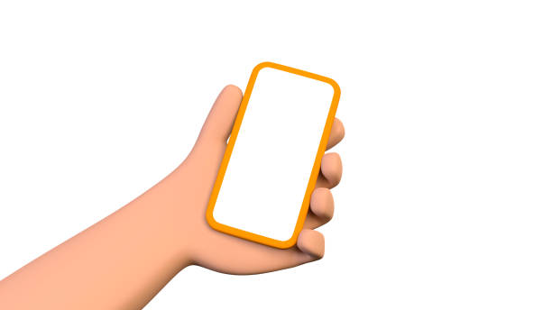 Orange device template, touchscreen illustration, render. Holding hand, modern composition, front view. Cartoon hand holding smartphone, cellphone mockup isolated on white background, front view 3d. teléfono inteligente de mano de dibujos animados, maqueta de teléfono celular aislado en fondo blanco, vista frontal 3d. plantilla de dispositivo naranja, ilustración de pantalla táctil, renderización. mano a mano, composición moderna, vista frontal.
