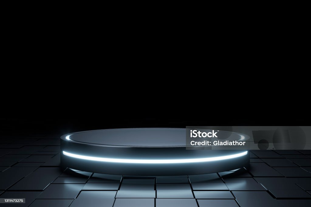 3D abstract futuristic background with a pedestal 3D abstract futuristic background with a black  pedestal with a white led light for displaying products on shiny tiled floor. 3D rendered image. Backgrounds Stock Photo