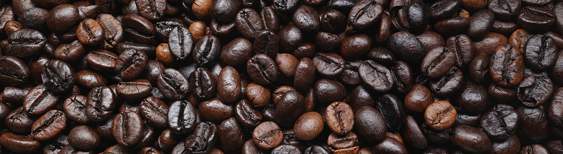 Coffee beans. Coffee background. Robusta and Arabica roasted coffee beans.\nTraces of fungus in Spoiled coffee due to poor storage conditions. Full depth of field. Panoramic hi-res macro image.