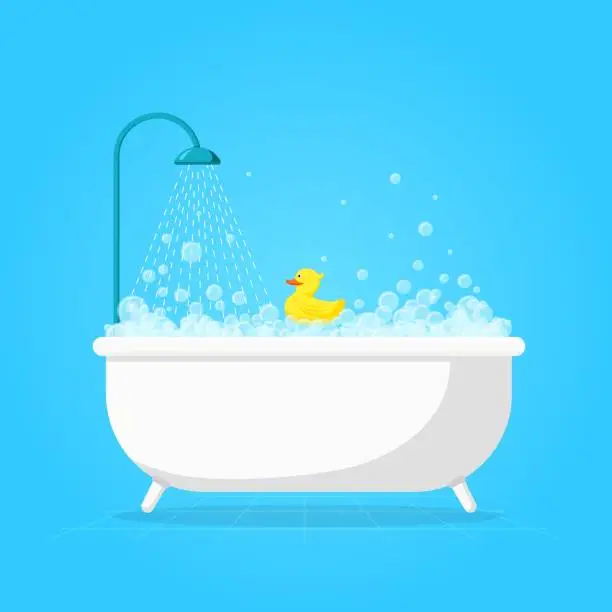Vector illustration of Cartoon bathtub with foam. Cute white tub, shower soap bubble and duck. Spa style bathroom, flat care and relaxation recent vector concept