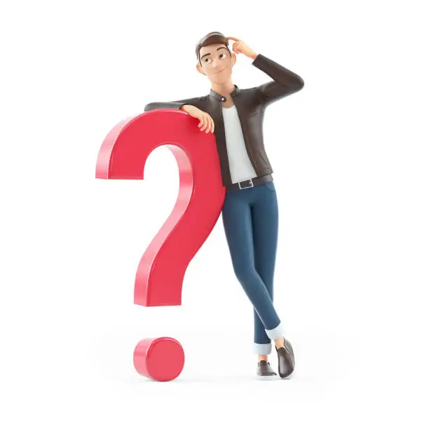 Photo of 3d cartoon man leaning against question mark