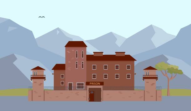 Prison or jail building in mountains. Prison building in mountains. Jail and prison fasade with tower and fence. Criminal and punishment for crimes concept. Vector illustrations. prison watch tower stock illustrations