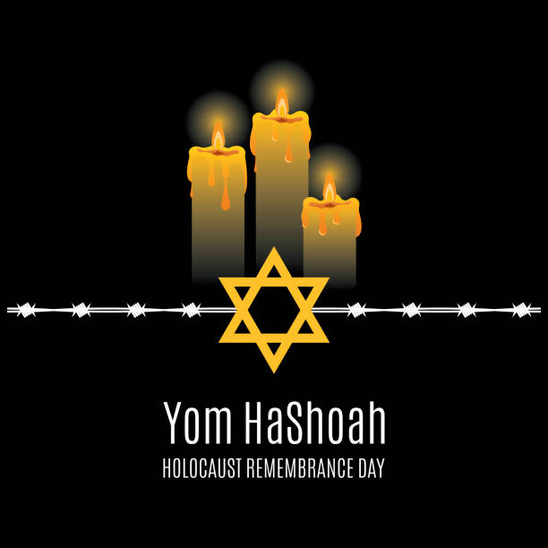 Yom HaShoah, Holocaust Remembrance Day vector Jewish star with barbed wire and burning candles on a black background. Annual Jewish Remembrance Day for Victims of the Holocaust. Important day nazism stock illustrations