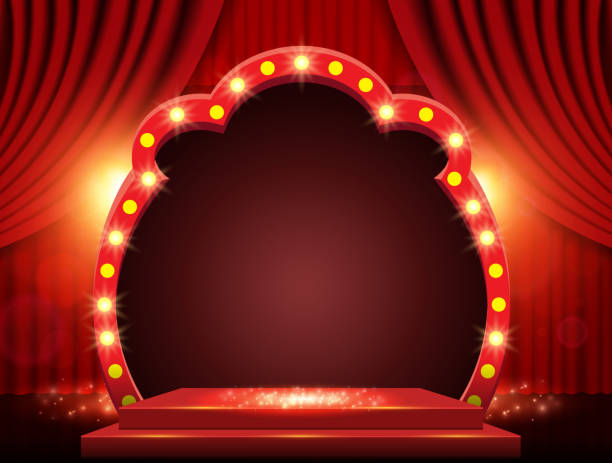istock Background with red curtain, arch banner and spotlights. Design for presentation, concert, show 1311479913