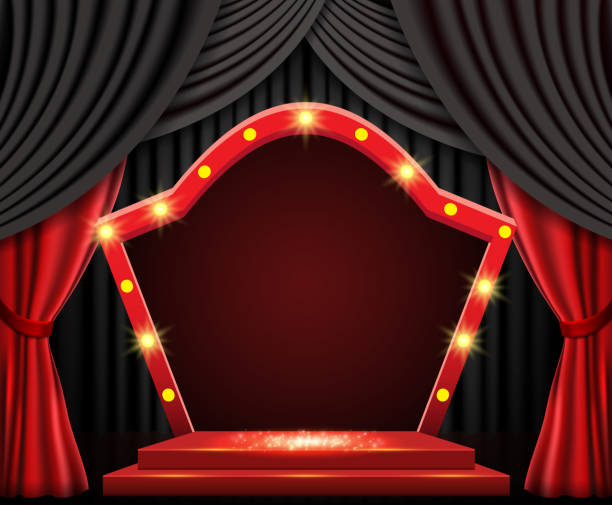 istock Background with black curtain and arch banner. Design for presentation, concert, show 1311480639