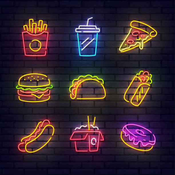 ilustraciones, imágenes clip art, dibujos animados e iconos de stock de iconos de neón de comida rápida. iconos aislados de alimentos, emblema, plantilla de diseño. papas fritas, bebida, pizza, hamburguesa, taco, shawarma, hot dog, fideos, donut. ilustración vectorial - hamburguesa alimento