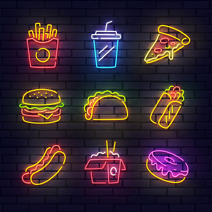Fast Food neon icons. Food isolated icons, emblem, design template. French fries, Drink, Pizza, Burger, Taco, Shawarma, Hot Dog, Noodles, Donut. Vector Illustration